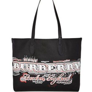 BURBERRY Reversible London Doodle Tote, Black Leather-Canvas/Check Interior NWT